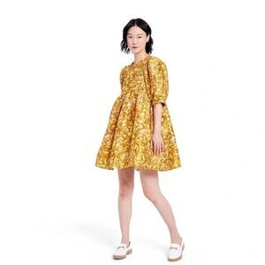 Kika Vargas Yellow Floral Puff-Sleeve Mini Dress